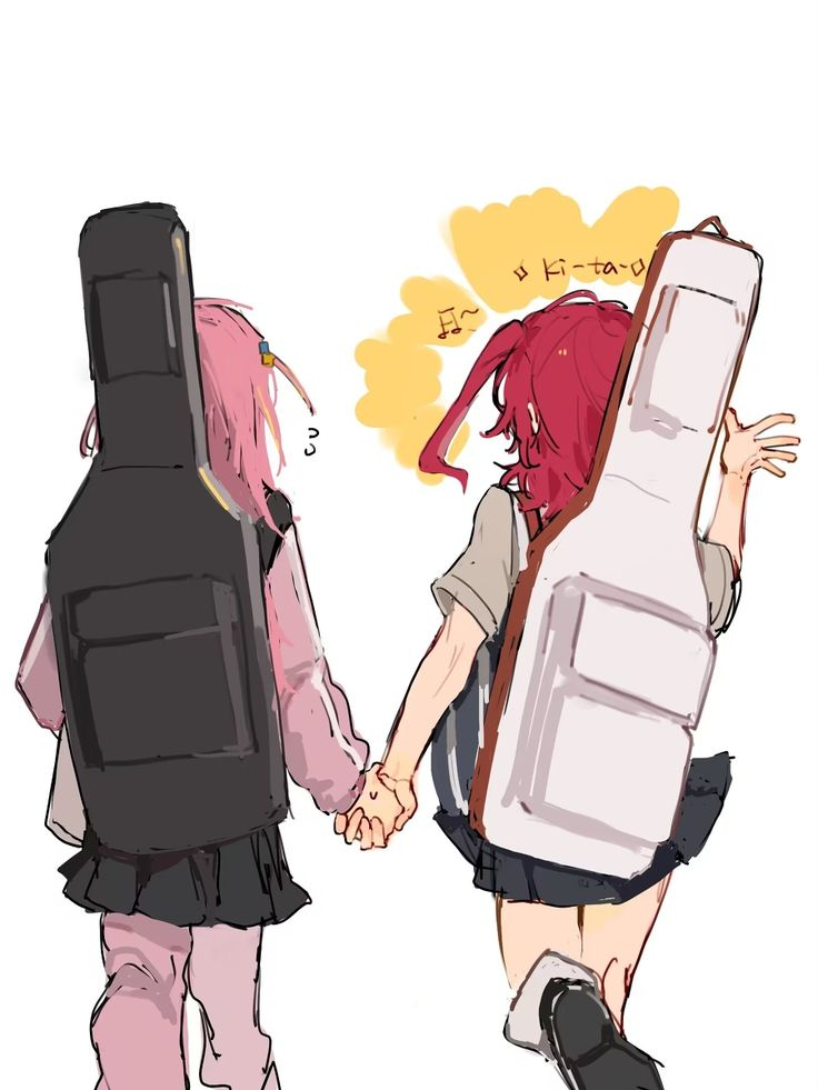 Bocchi and Kita walking hand in hand, carrying guitar cases